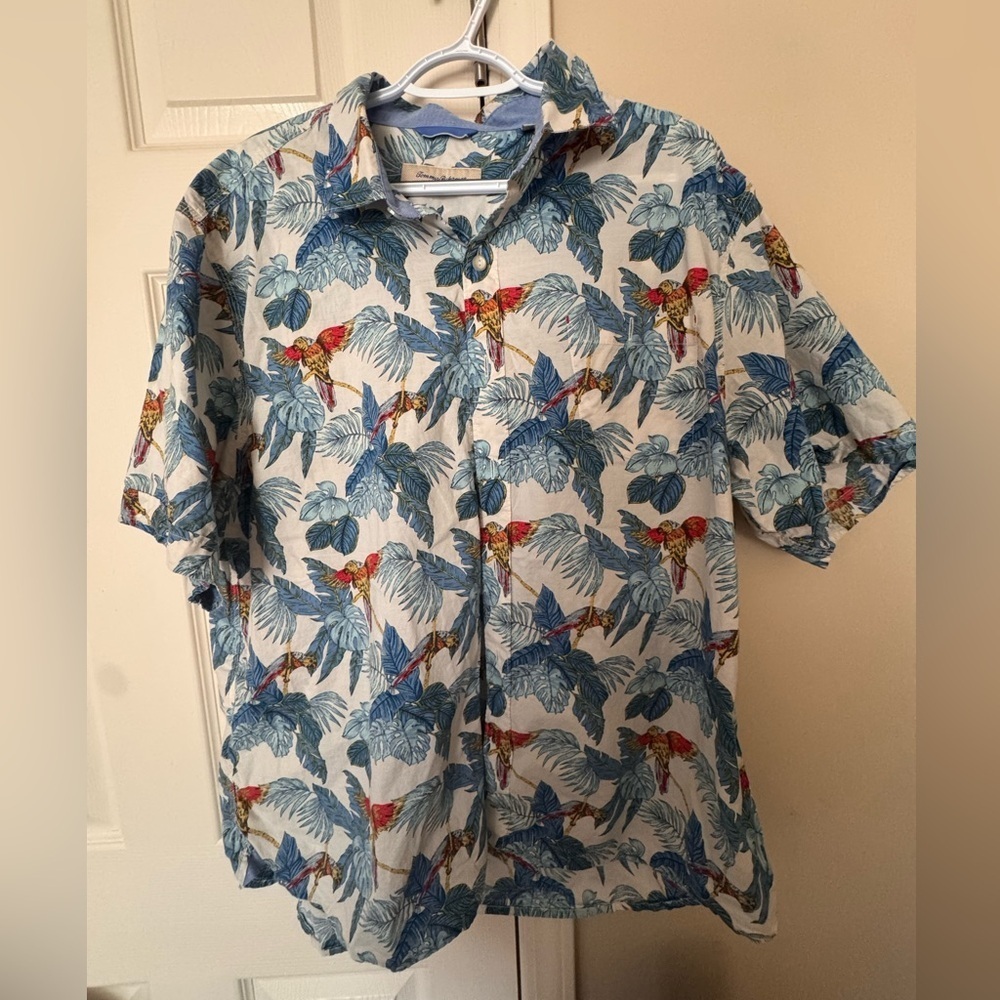 Tommy Bahama Blue and Red Parrot Print Shirt